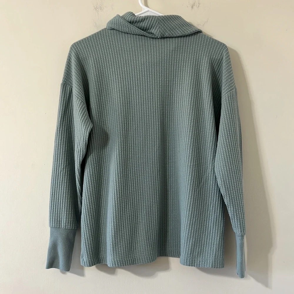LOFT Waffle Knit Cowl Neck Blue Green Long Sleeve Sweater Size Small - Picture 7 of 7